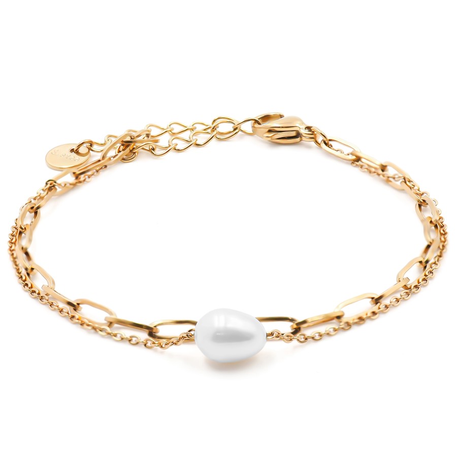 Bracelet acier dorés 2 rangs - perle naturelle - 15+4cm - Grossiste...