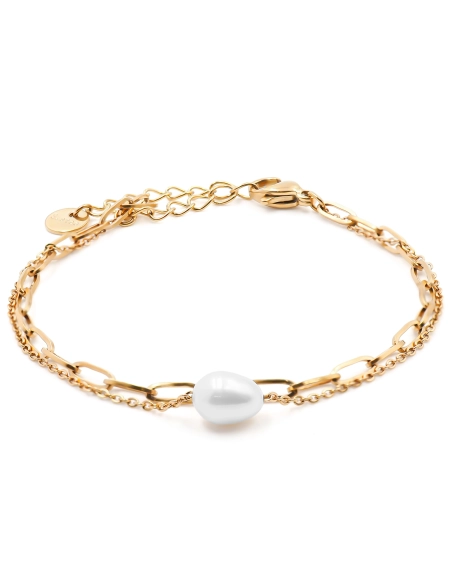 Bracelet acier dorés 2 rangs - perle naturelle - 15+4cm - Grossiste...