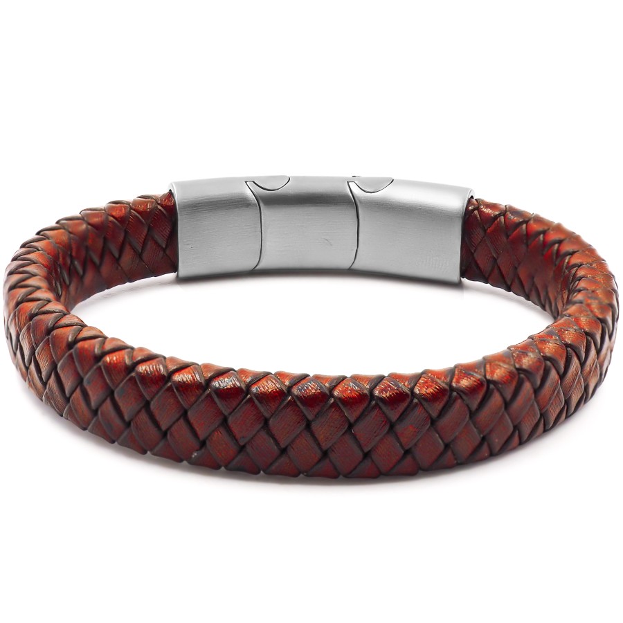 Bracelet acier pour homme - imitation cuir tressé rouge - 19,5+1,5c...