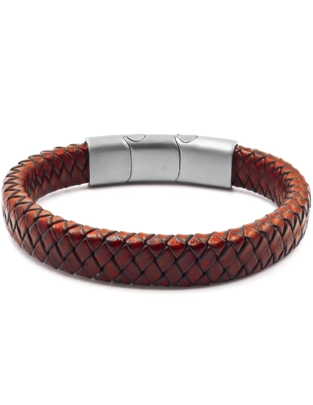 Bracelet acier pour homme - imitation cuir tressé rouge - 19,5+1,5c...