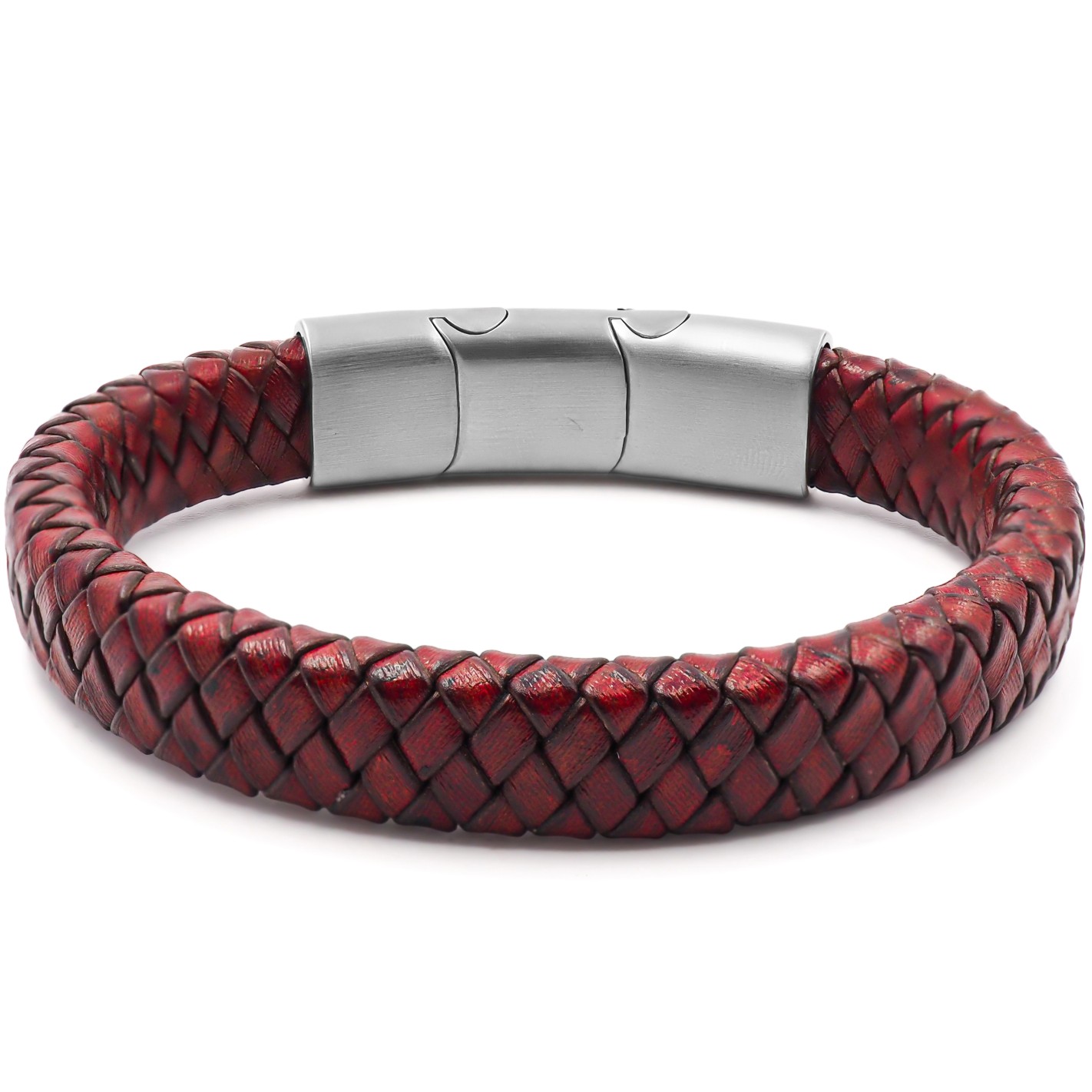 Bracelet Unisexe Albanu En Acier Inoxydable Et Cuir Véritable Marron Tressé - 19 Cm - Neuf Sans Emballage