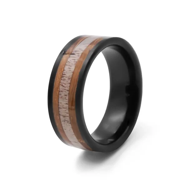 Bague en tungstène - PVD noir - bois de cerf et bois koa incrusté -...