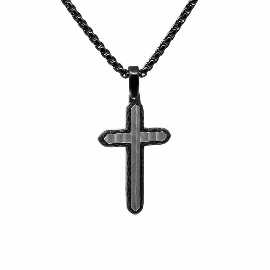 Collier en acier - base PVD noir - finition martelée blanche - croi...