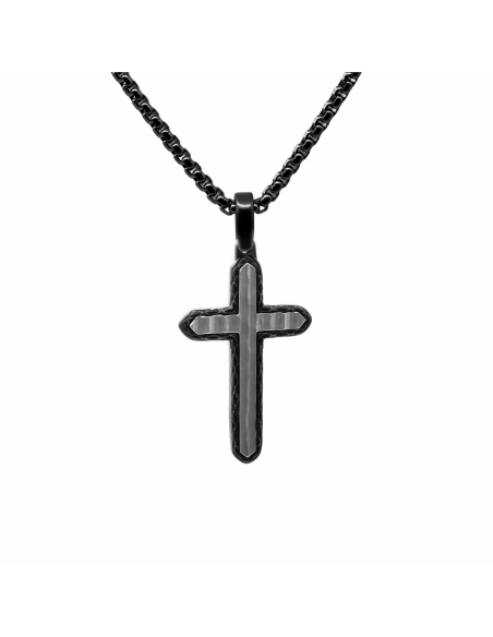 Collier en acier - base PVD noir - finition martelée blanche - croi...