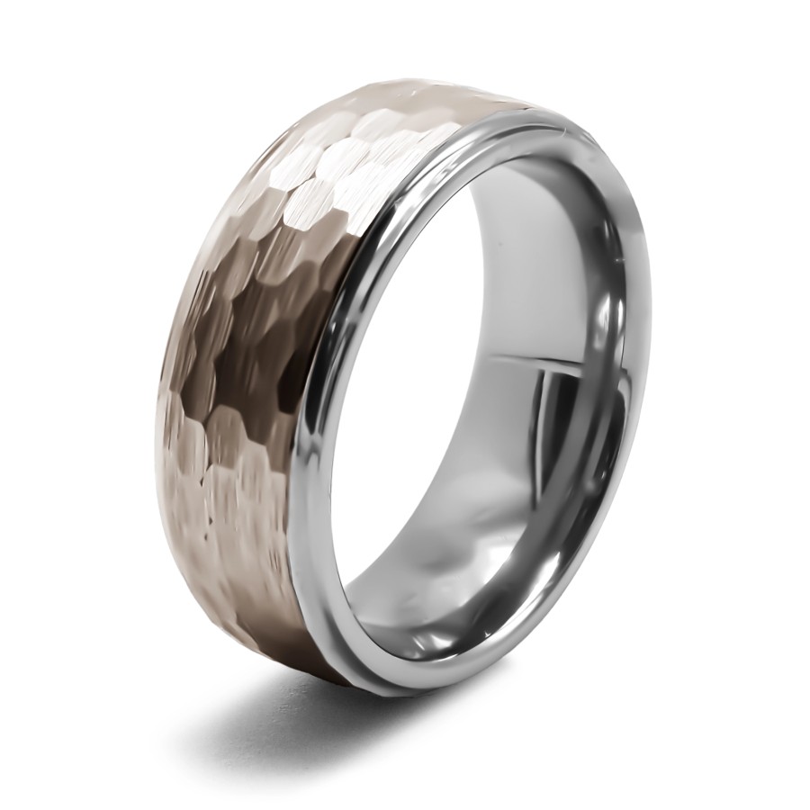 Bague en tungstène - PVD gris foncé - effet martelé - Taille 58 à 7...