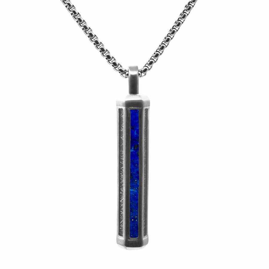 Collier en acier - imitation météorite noire incrustée - lapis lazu...