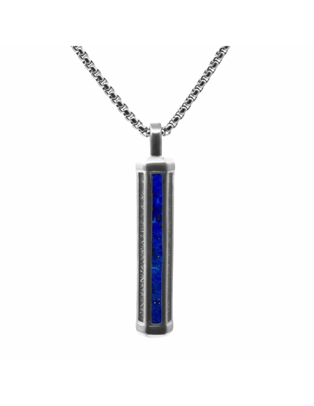 Collier en acier - imitation météorite noire incrustée - lapis lazu...