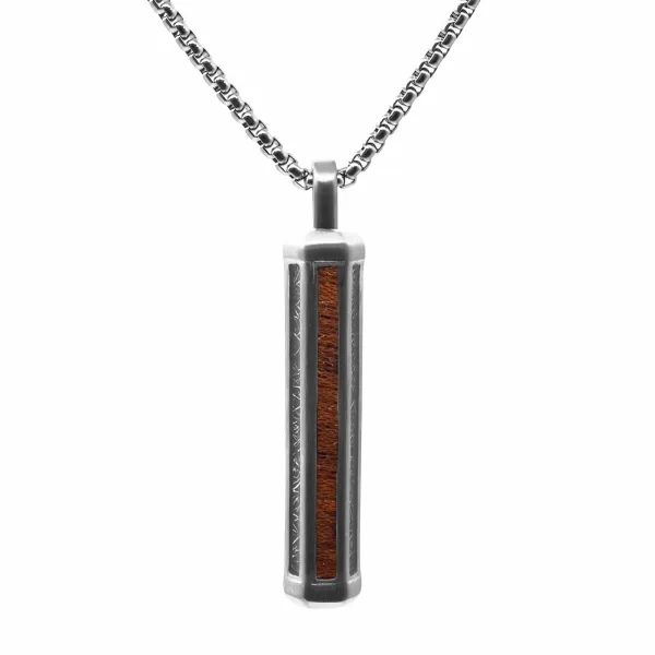 Collier en acier - imitation météorite noire incrsutée - bois koa -...