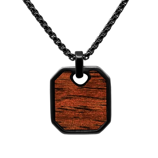 Collier en acier - PVD noir - bois koa incrusté - pendant 23x20mm -...