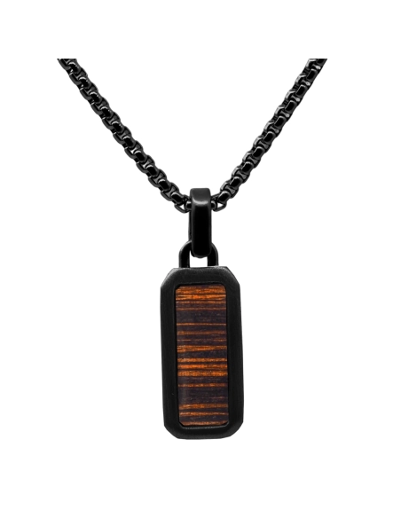 Collier en acier - PVD noir - bois teinté incrusté - pendant 19x10m...