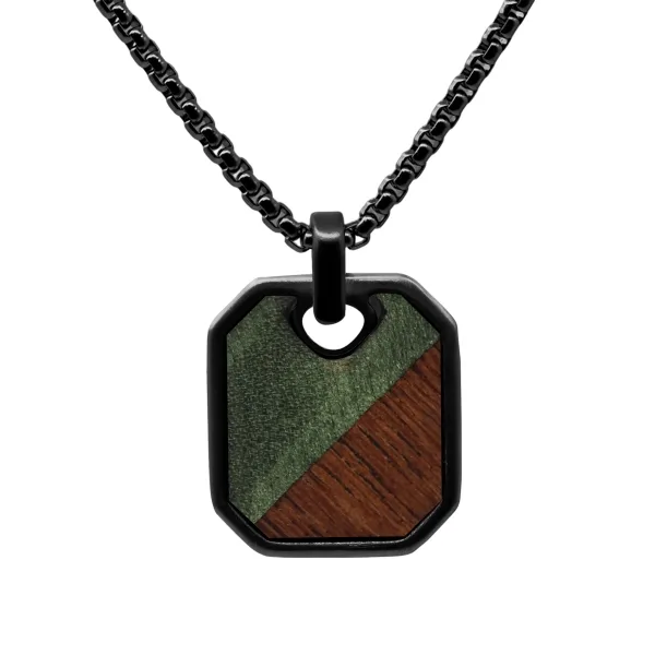 Collier en acier - PVD noir - bois koa incrusté - pendant 23x20mm -...