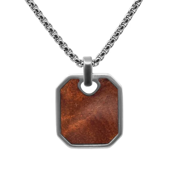 Collier en acier - PVD noir - bois teinté incrusté marron - pendant...
