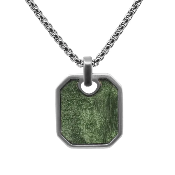 Collier en acier - PVD noir - bois teinté incrusté vert - pendant 2...