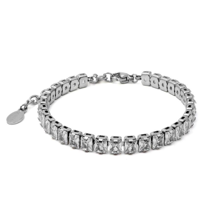 Bracelet acier - zircons blancs facettés rectangulaires 4x3mm - 15+...