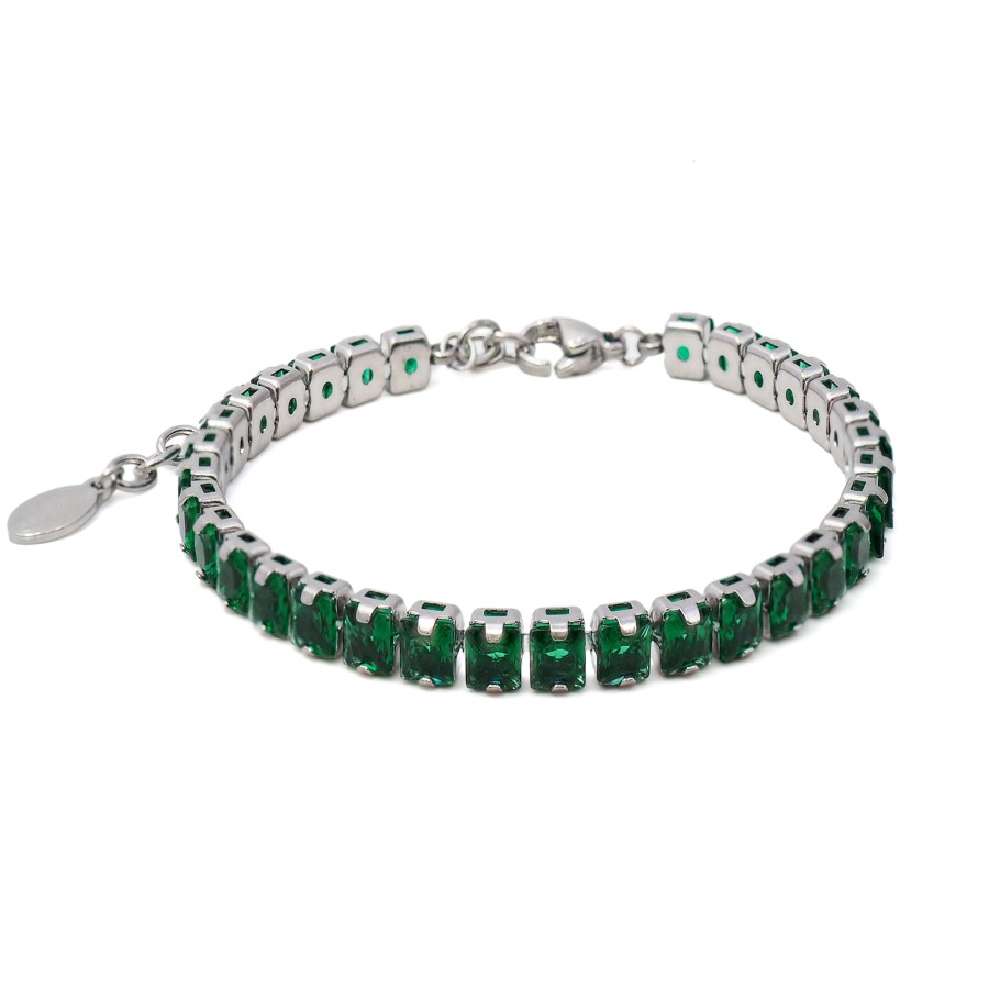Bracelet acier - imitation émeraude carrés facettés verts 4x4mm - 1...