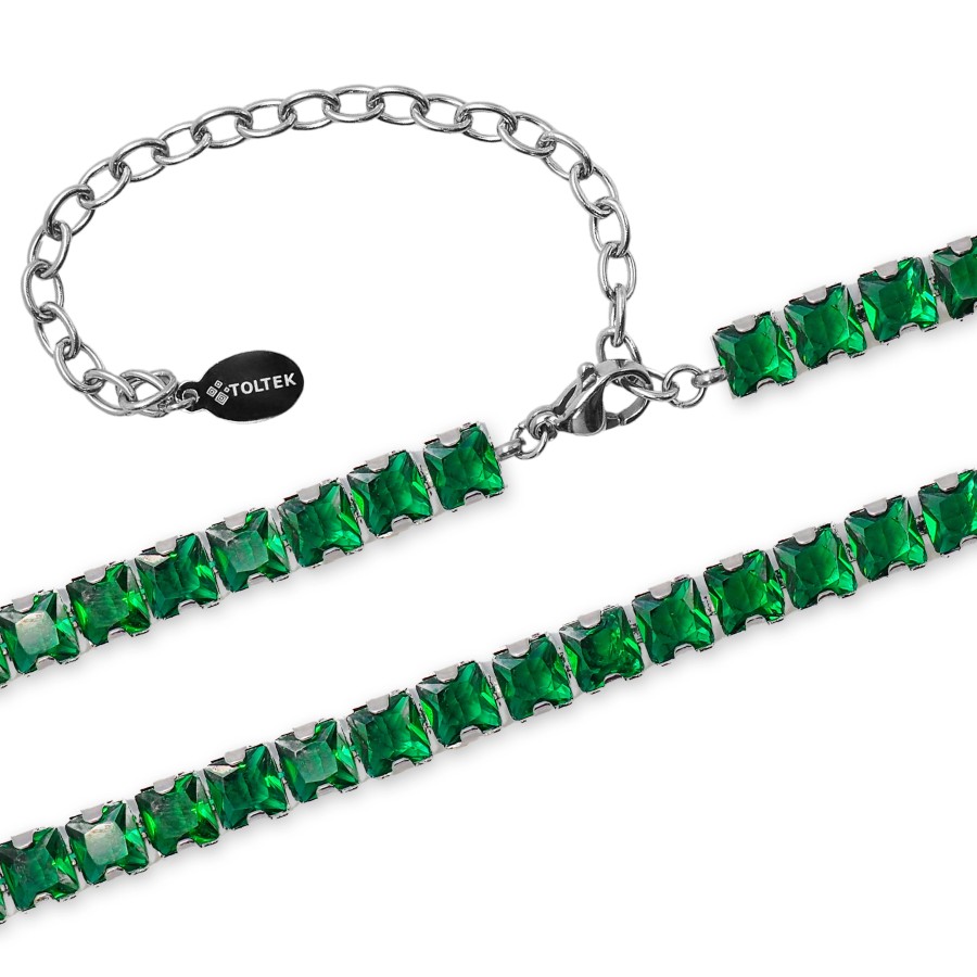 Collier acier - imitation émeraude carrés facettés verts 4x4mm - 31...
