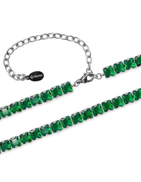 Collier acier - imitation émeraude carrés facettés verts 4x4mm - 31...