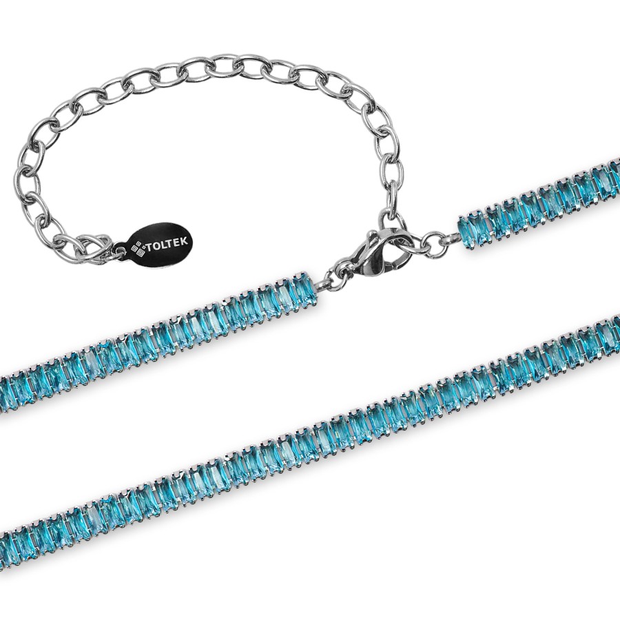 Collier acier - imitation aigue marine rectangulaires facettés 2x4m...