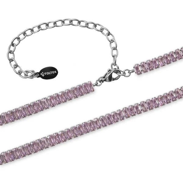 Collier acier - zircons roses rectangulaires facettés 2x4mm - 31+9c...