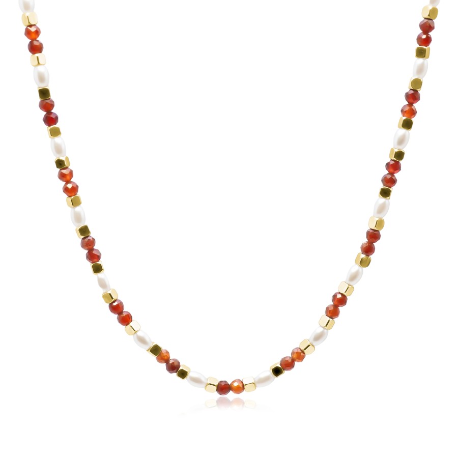 Collier acier - PVD doré - perles de coquillage naturelles - grenat...