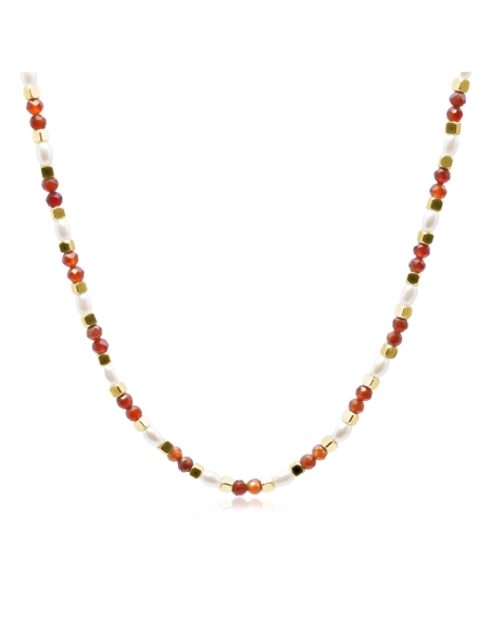 Collier acier - PVD doré - perles de coquillage naturelles - grenat...