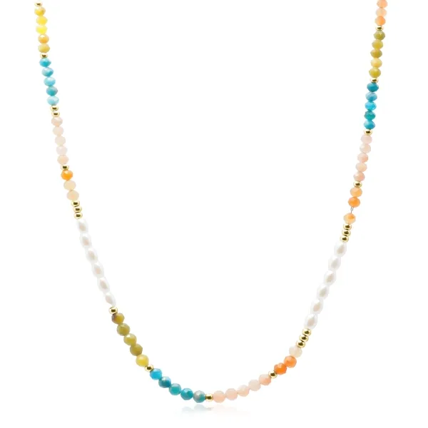 Collier acier - PVD doré - perles de coquillage naturelles - pierre...