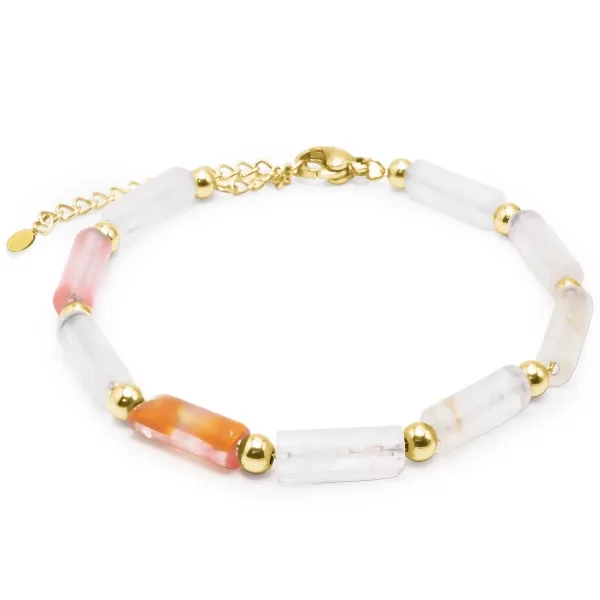 Bracelet acier - PVD doré - tube Quartz écorce de pastèque 18x5mm -...