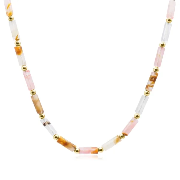 Collier acier - PVD doré - tube Quartz écorce de pastèque 18x5mm - ...