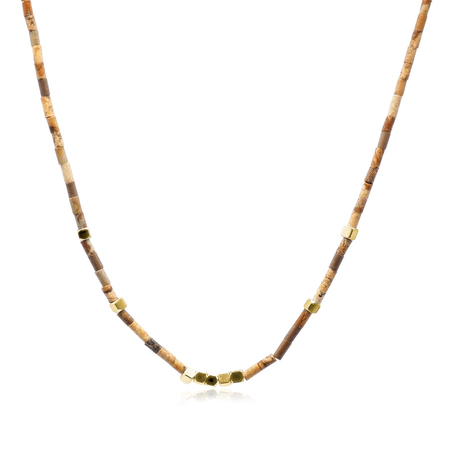 Collier acier - PVD doré - jaspe paysage - épaisseur 2mm - 38+10cm ...