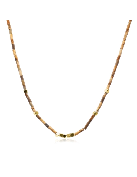 Collier acier - PVD doré - jaspe paysage - épaisseur 2mm - 38+10cm ...
