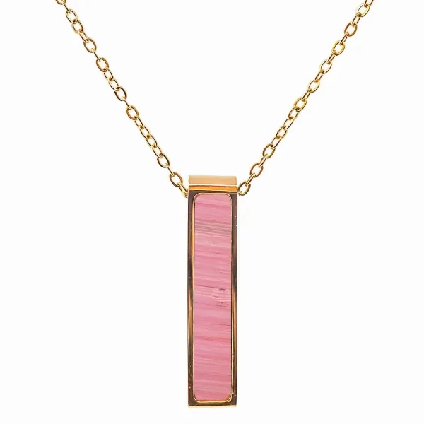 Collier acier - PVD doré - bois teinté rose clair - 32x7mm - 45+10c...