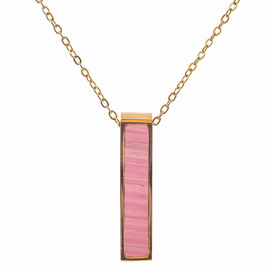 Collier acier - PVD doré - bois teinté rose clair - 32x7mm - 45+10c...