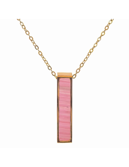 Collier acier - PVD doré - bois teinté rose clair - 32x7mm - 45+10c...