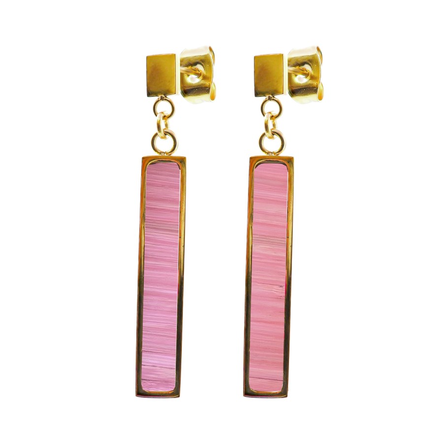 Boucles d'oreilles - PVD doré - bois teinté rose clair - 25x5mm - G...