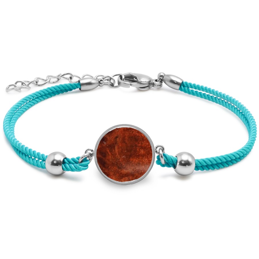 Bracelet acier - coton bleu cyan - bois teinté marron - diamètre 15...