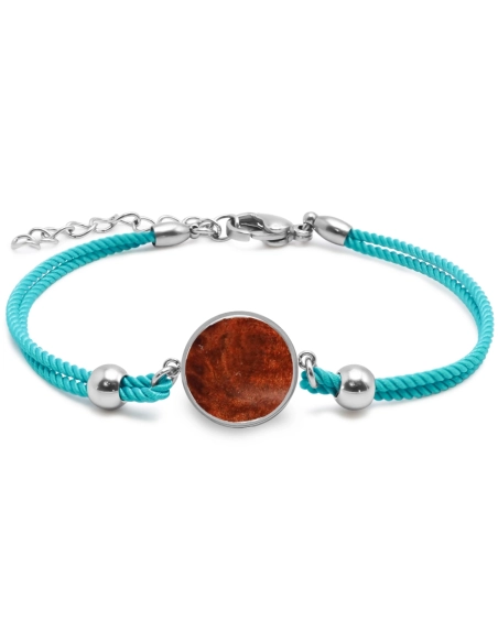 Bracelet acier - coton bleu cyan - bois teinté marron - diamètre 15...
