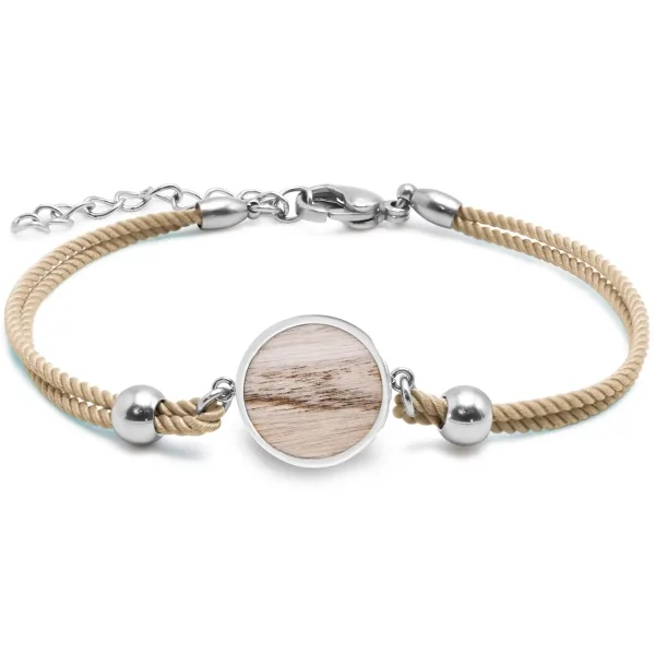 Bracelet acier - coton marron clair - bois teinté vert et marron - ...