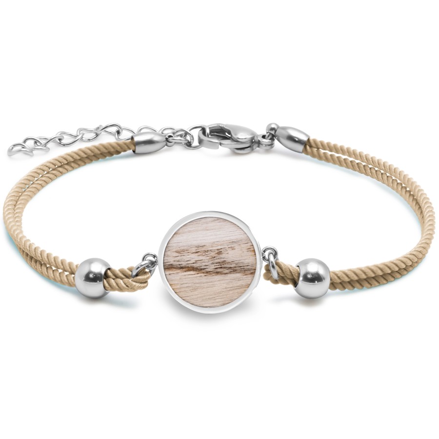 Bracelet acier - coton marron clair - bois teinté vert et marron - ...