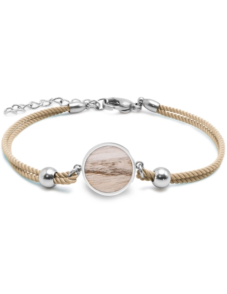 Bracelet acier - coton marron clair - bois teinté vert et marron - ...