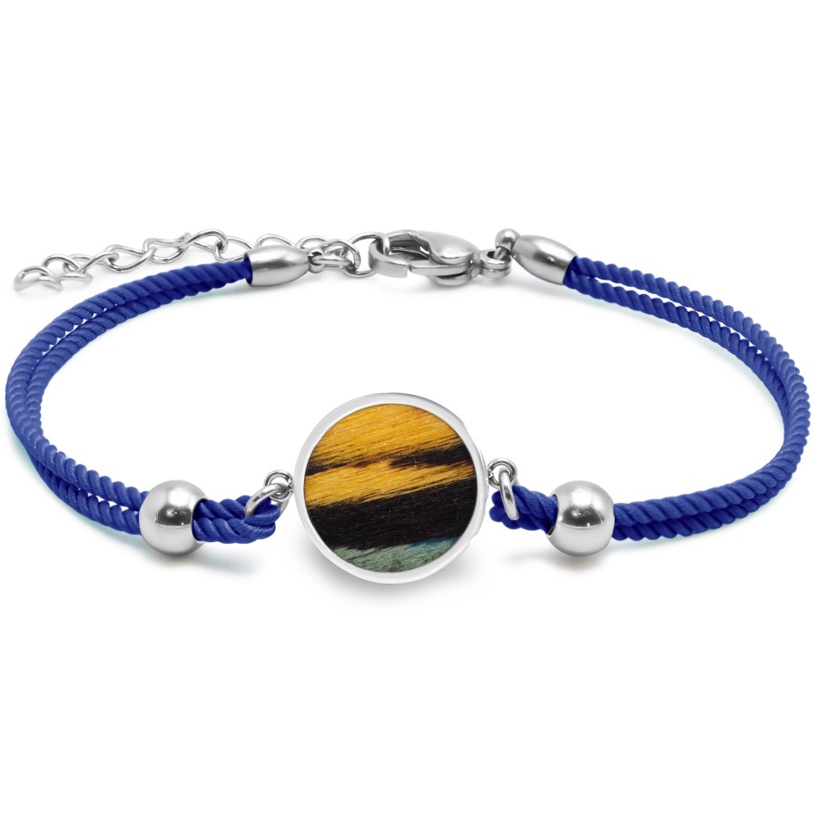 Bracelet acier - coton bleu marine - bois teinté noir, bleu et jaun...