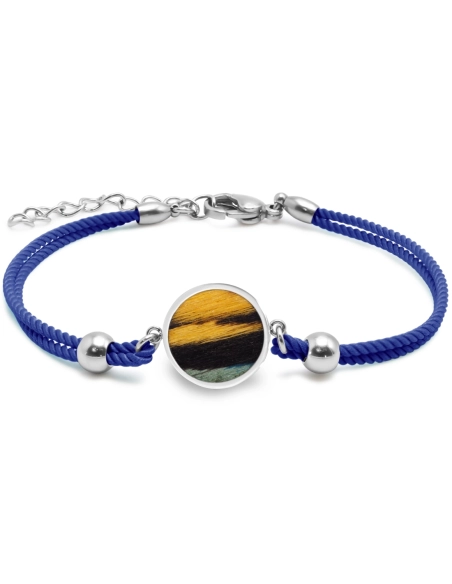 Bracelet acier - coton bleu marine - bois teinté noir, bleu et jaun...