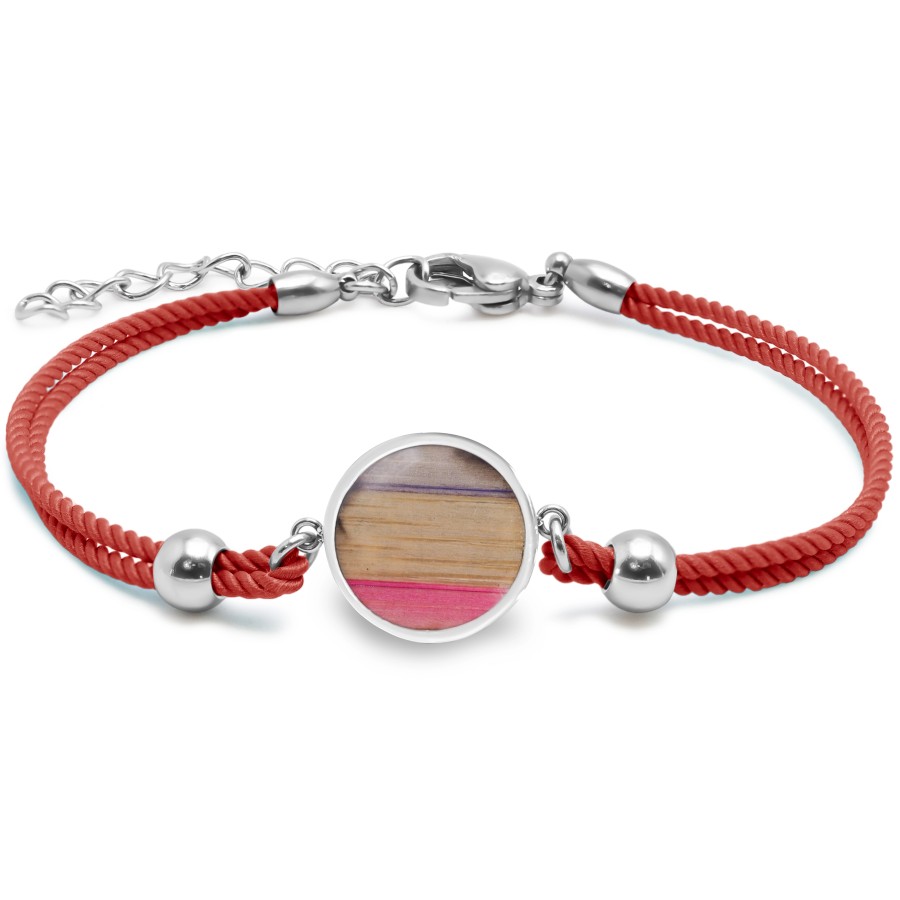 Bracelet acier - coton rouge - bois teinté multicolore clair - diam...