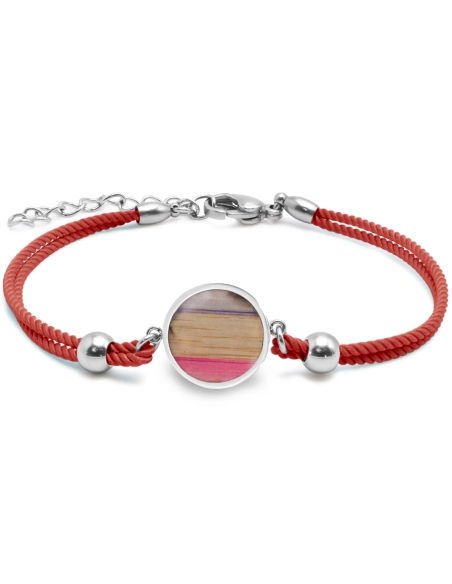 Bracelet acier - coton rouge - bois teinté multicolore clair - diam...