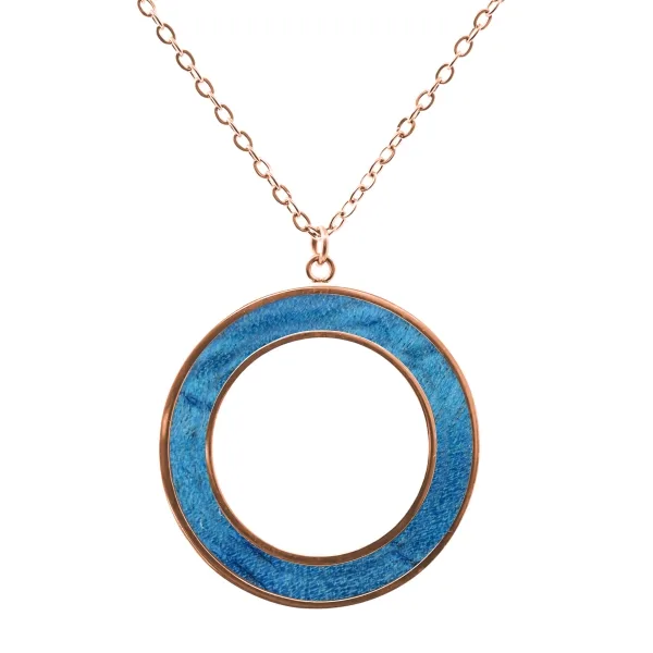 Collier acier - PVD rosé - bois teinté bleu - diamètre 30mm - épais...