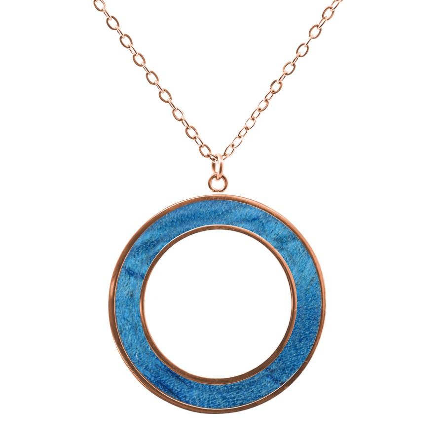 Collier acier - PVD rosé - bois teinté bleu - diamètre 30mm - épais...