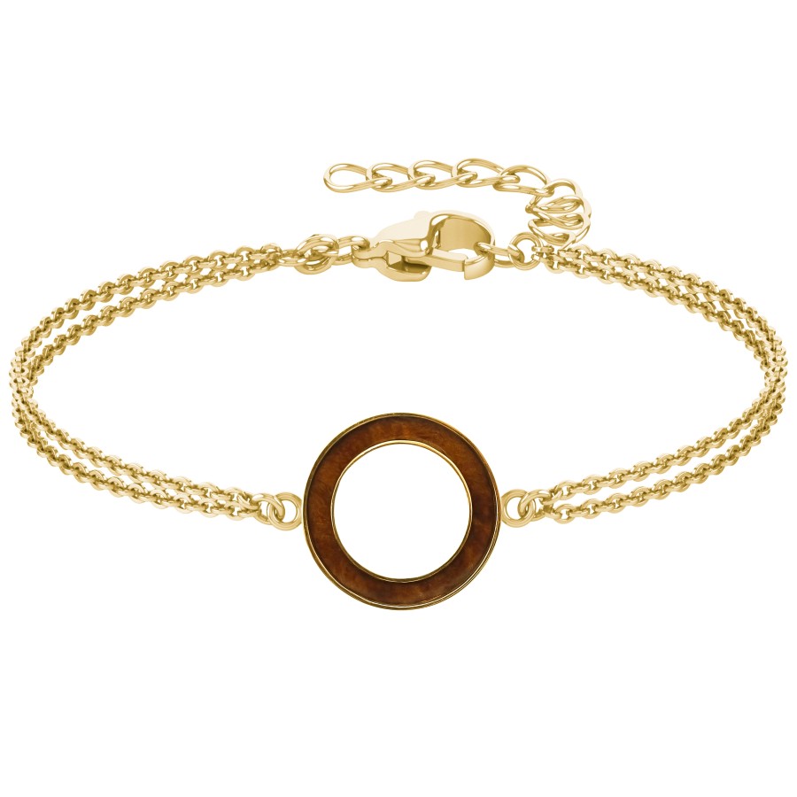 Bracelet acier - PVD doré - double chaine - bois teinté marron - di...
