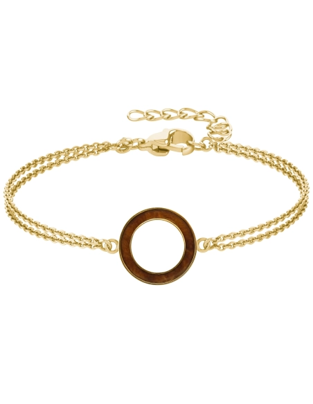 Bracelet acier - PVD doré - double chaine - bois teinté marron - di...