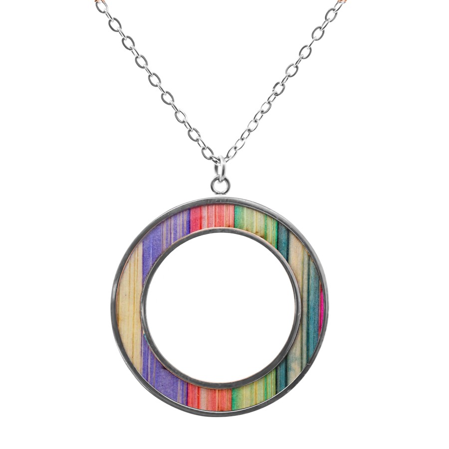 Collier acier - bois teinté multicolore clair - diamètre 30mm - épa...