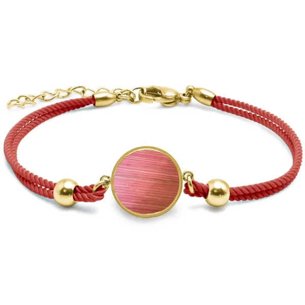 Bracelet acier - PVD doré- coton rouge - bois teinté rose clair - d...