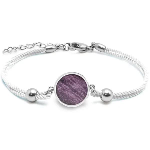 Bracelet acier - coton blanc - bois teinté violet - diamètre 15mm -...